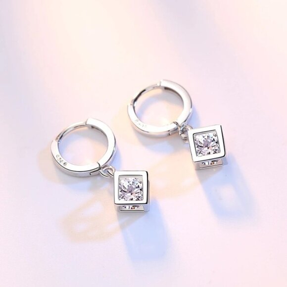 925 Sterling Silver Crystal Hollow Square Box Drop Earrings - Picture 2 of 7